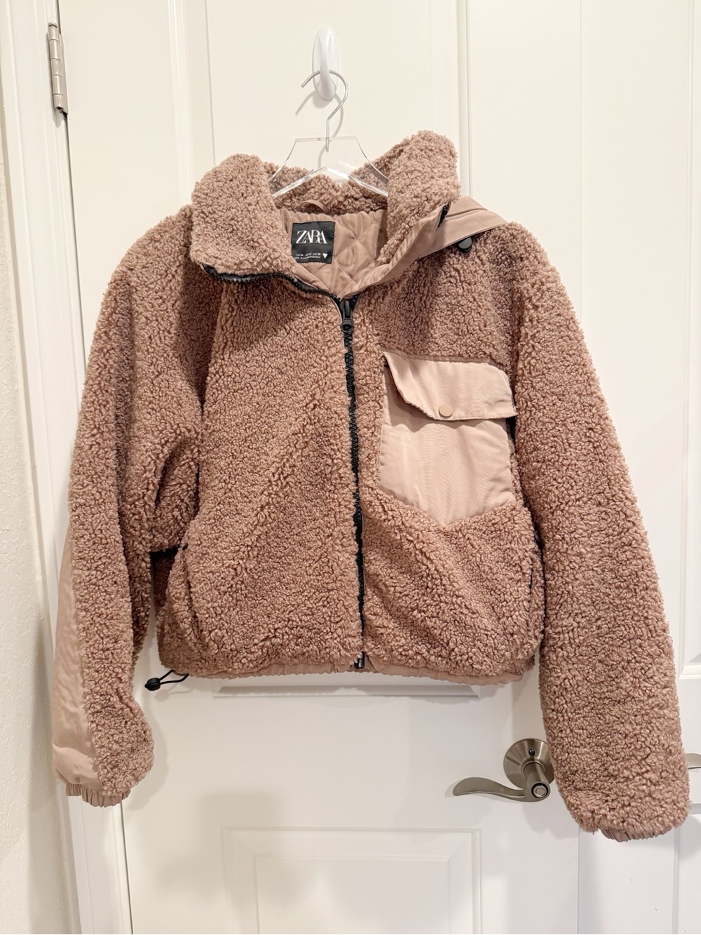 ZARA Sherpa Contrast Hooded Bomber Jacket size Medium Teddy - Picture 6 of 10